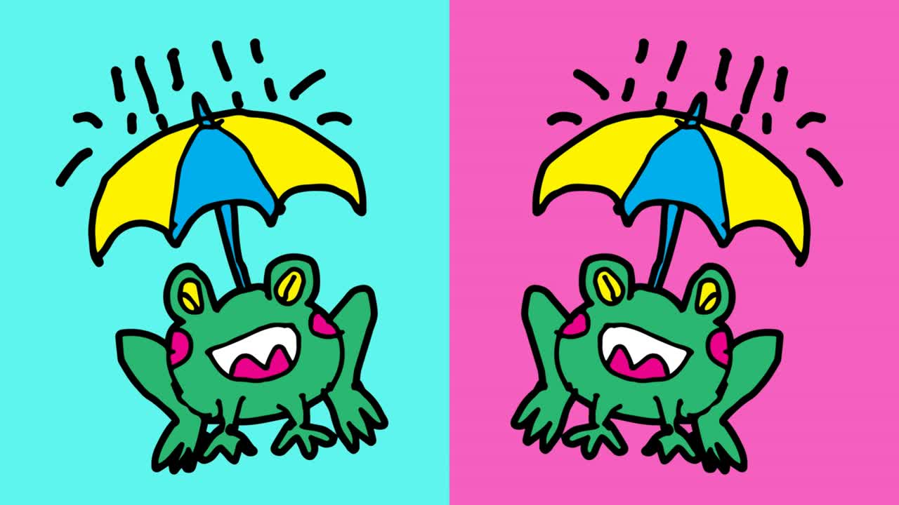 아이들은 개구리와 비의 테마로 팝 아트 시엄리스 배경을 그리고 있습니다.