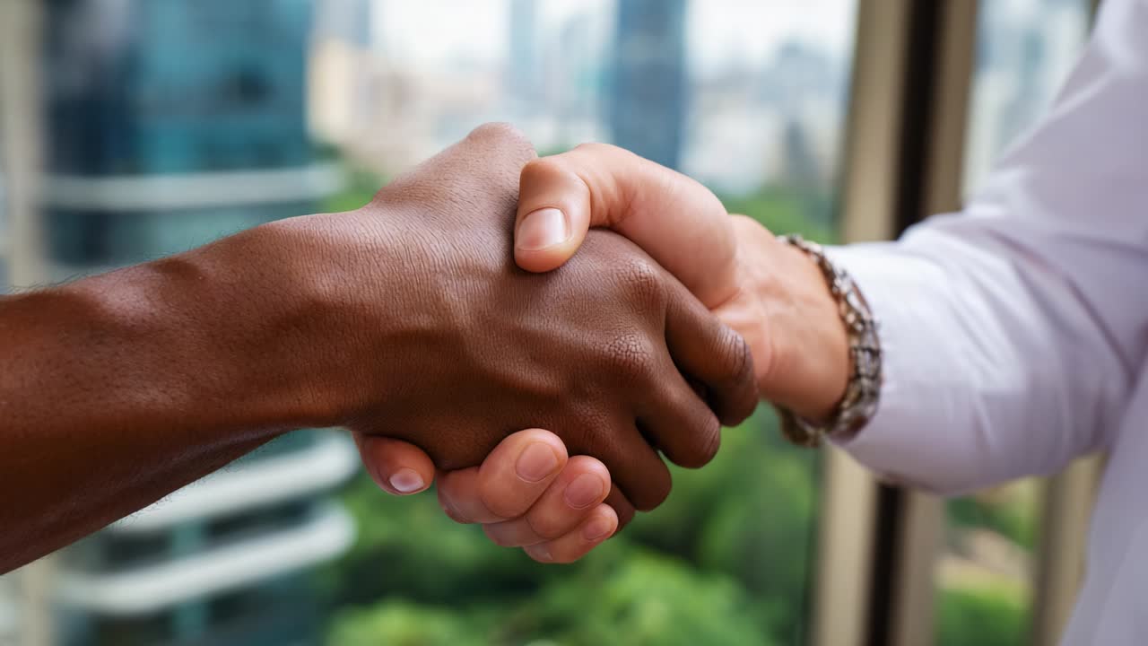 A Meaningful Gesture of Collaboration is Captured as Two Hands Firmly Shake, Signifying Trust, Partnership, and a Strengthened Bond Amidst a Professional Setting with a Beautiful Outdoor View in the Background