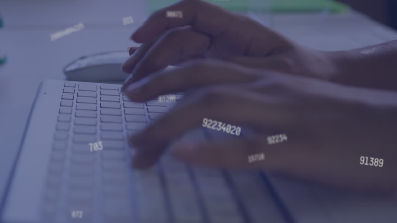 Animation of multiple changing numbers over mid section of woman typing on keyboard