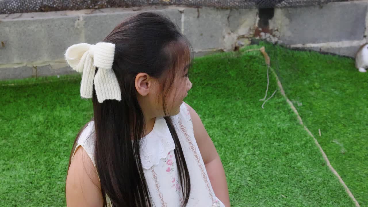 緑の芝生に座り、皿から黒いウサギに餌をやる若い少女