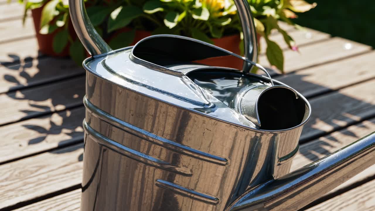 Close-up of a shiny metal watering can on a wooden deck, captured from a low angle