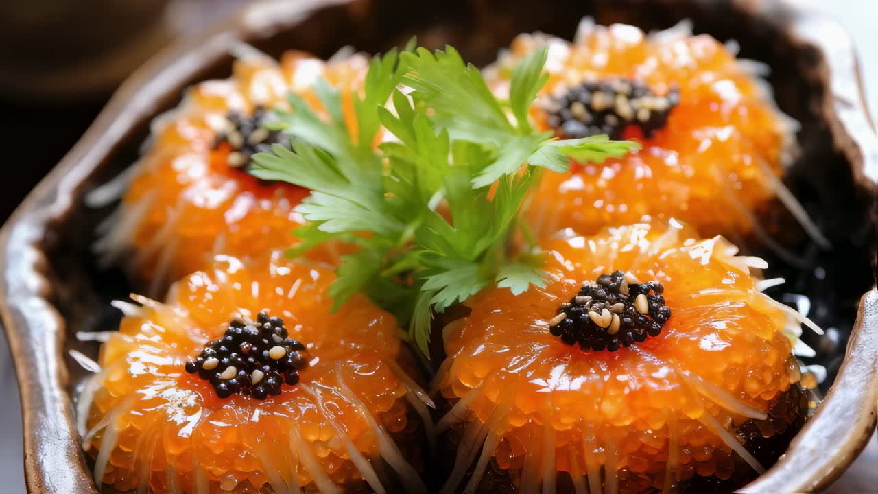Close up of tobiko gunkan maki rolls topped with black caviar and a fresh parsley leaf, sitting in a dark wooden bowl, showcasing the vibrant colors and textures of Japanese cuisine