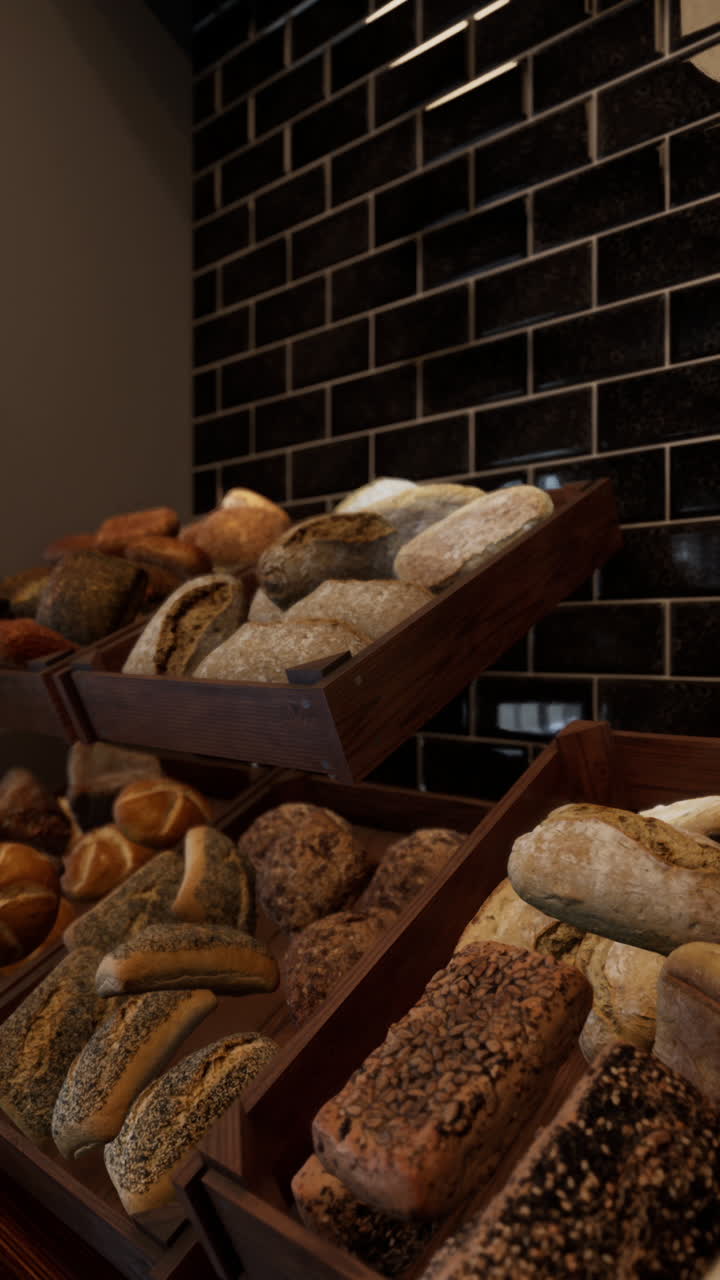 Closeup of various loaves of bread on a wooden display shelf in a bakery