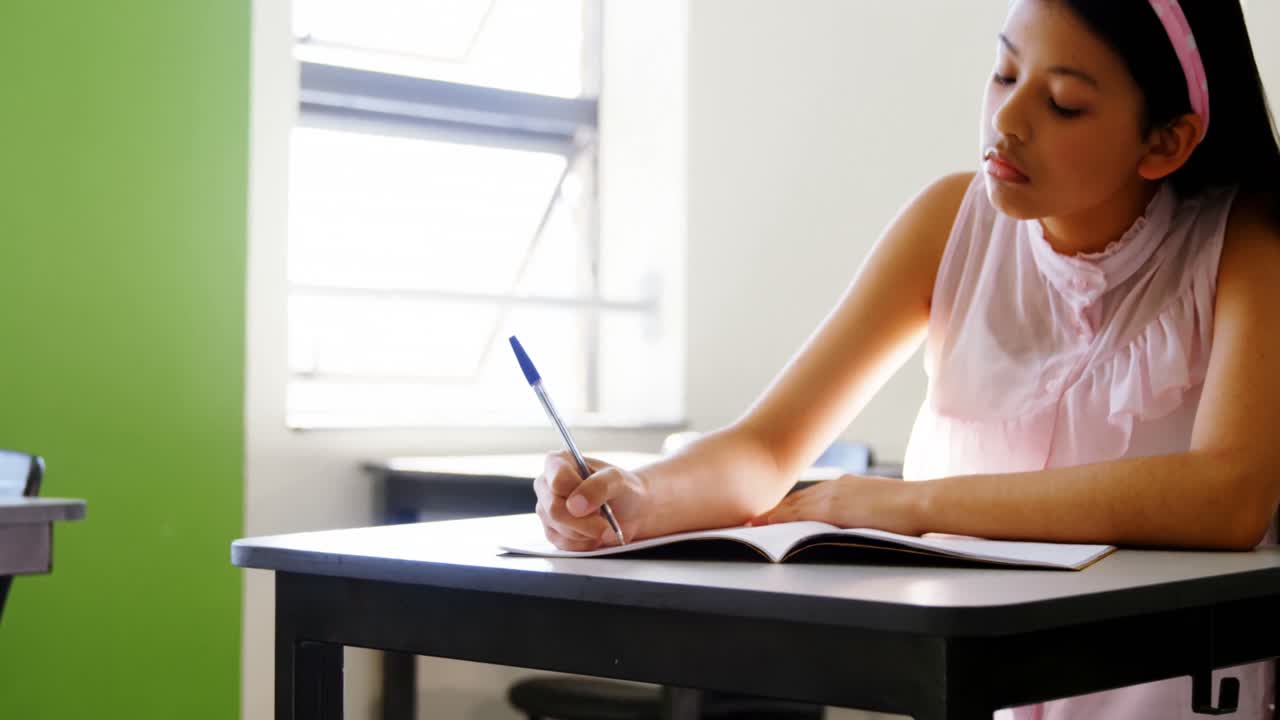 Portrait of smiling schoolgirl studying in classroom