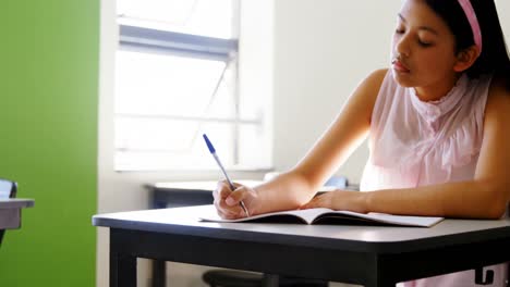 portrait of smiling schoolgirl studying in classroom