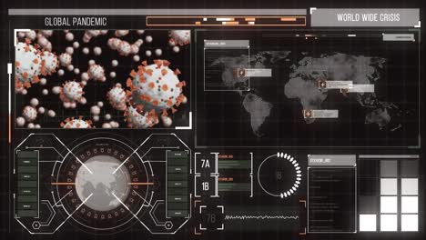 Animation-of-grey-interface-with-covid-cells,-globe,-world-map-and-data-processing