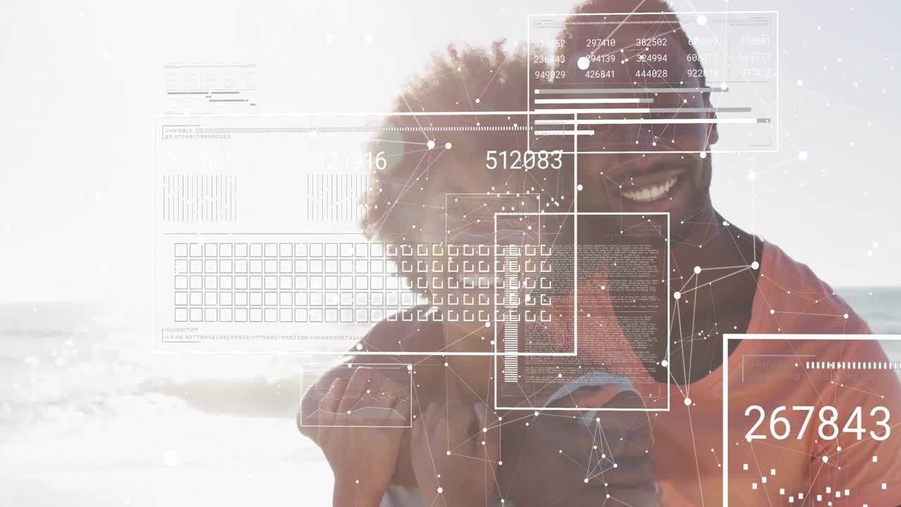 Man carrying woman piggyback on beach, fading in data graphics animating line graphs for tech demo