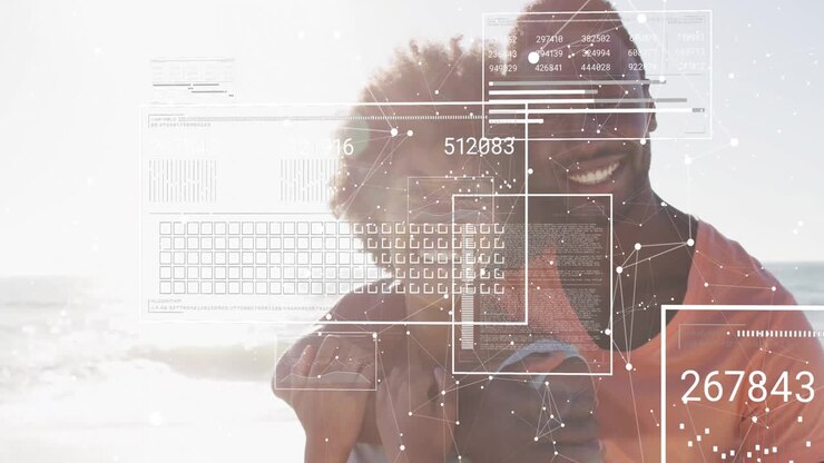 Man carrying woman piggyback on beach, fading in data graphics animating line graphs for tech demo