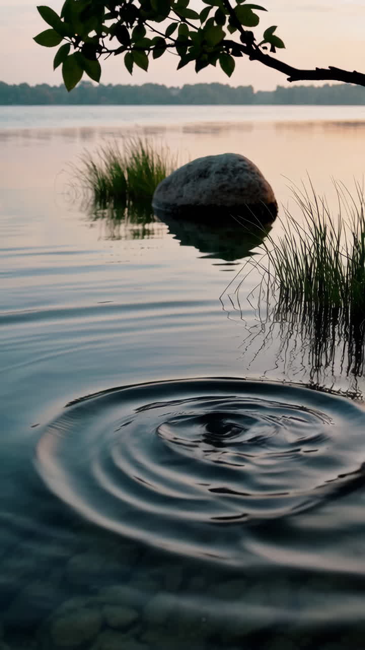 평온한 호수변 해가 지는