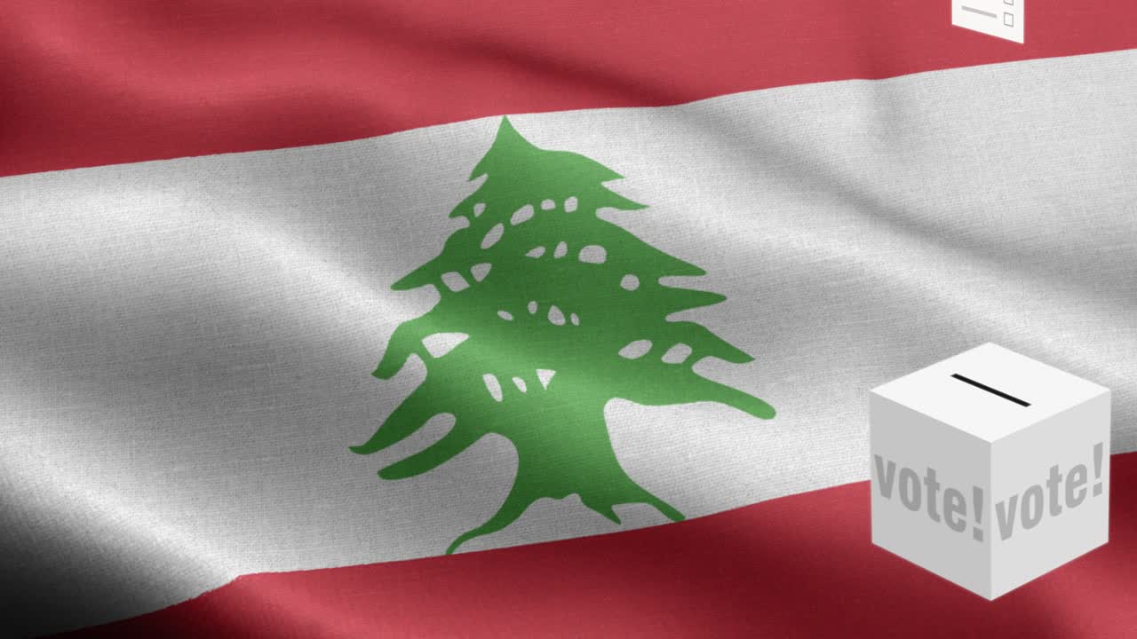 Ballots fly to box for Lebanon selection - Ballot box in front of flag - Election - Vote - Flag Of Lebanon - Lebanon Flag High Detail - National flag Lebanon wave Pattern loopable Elements - Fabric texture and endless loop