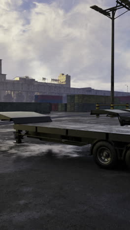 trucks parked in a shipping yard during early morning light