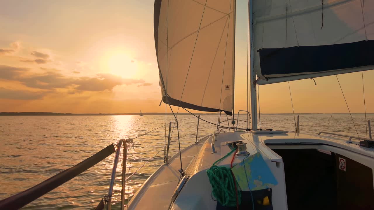 la proa delantera de un velero blanco con puesta de sol y fondo marino