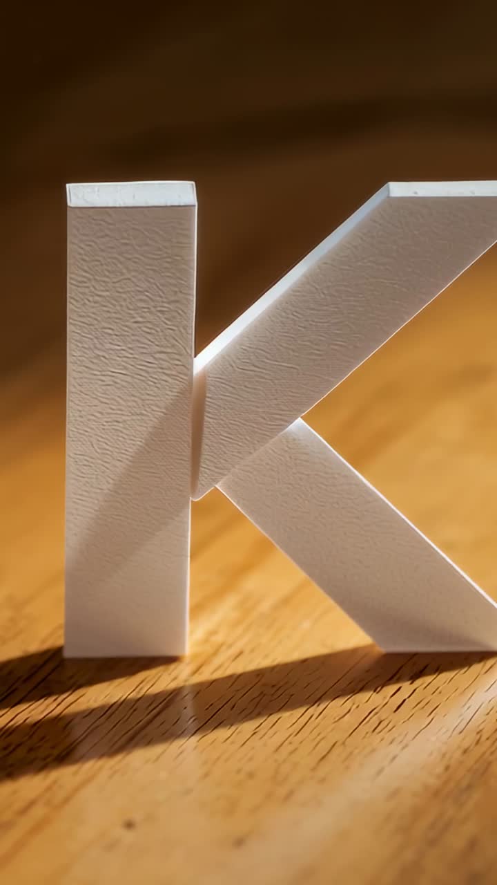 Vertical video: Shining light on plastic letter K on table, camera shifting focus revealing texture
