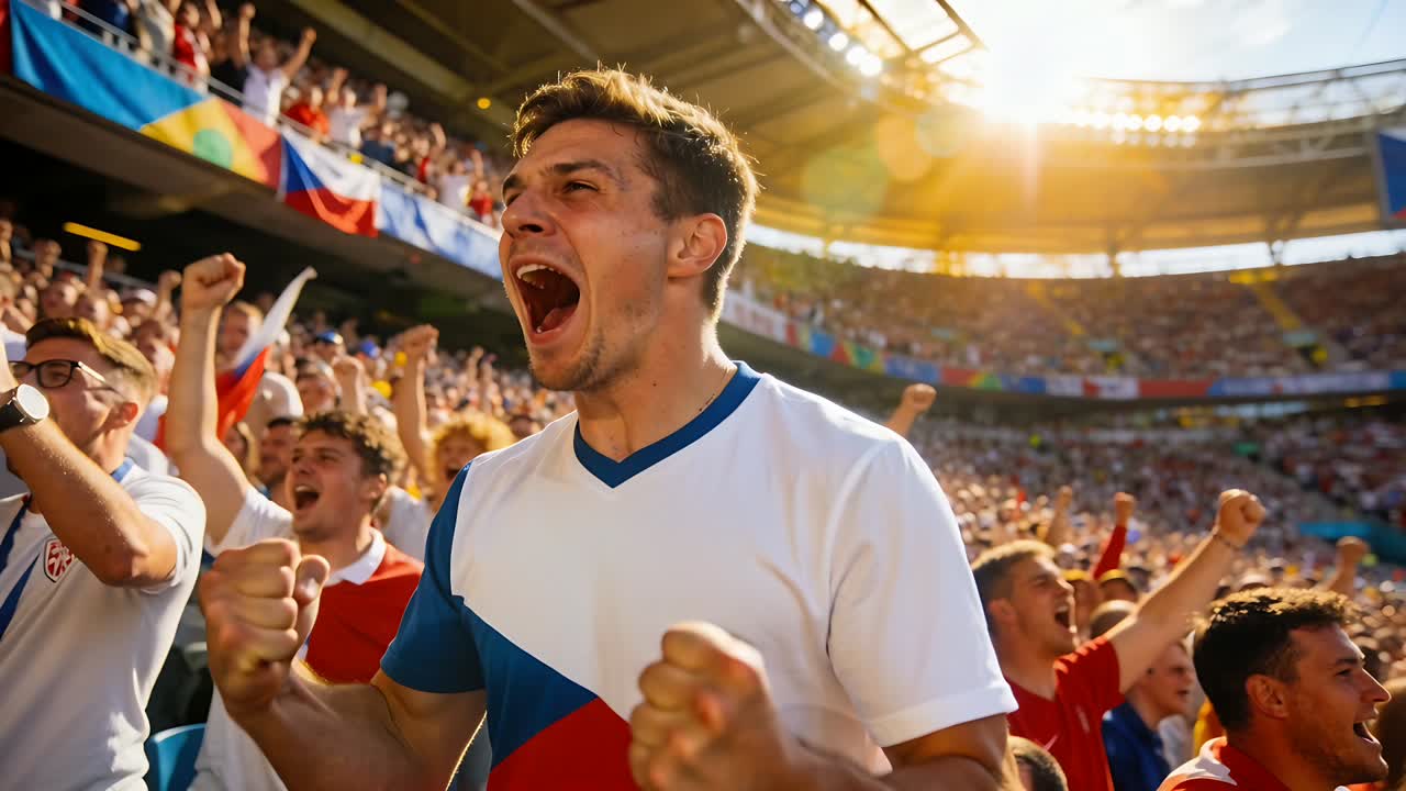 Hombre animando con camiseta roja y azul en el estadio mientras la multitud estalla, banderas ondeando, celebrando un gol.