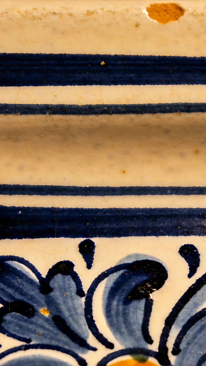 Video verticale: La telecamera riprende in primo piano un pannello in ceramica smaltata, rivelando pennellate e una scheggiatura.