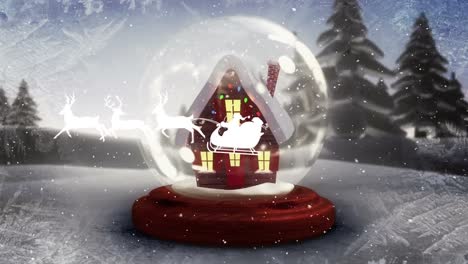 Animation-Von-Schnee,-Der-über-Die-Winterlandschaft-Fällt,-Und-Weihnachtsmann-Mit-Rentieren