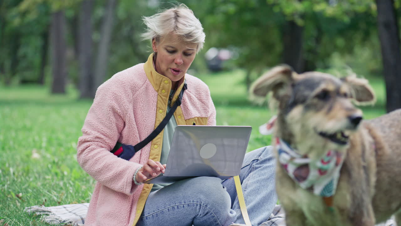 Woman Using Laptop, then Petting Dog during Day in City Park