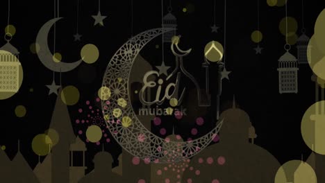 Animation-of-eid-mubarak-logo-and-text-over-moons-and-mosque