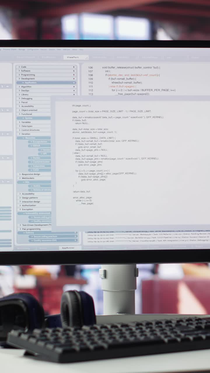 Vertical Video Home office with PC running terminal window for programming code