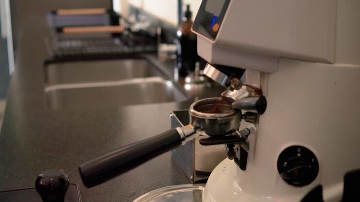 Donna che inserisce un portafiltro in un macinino in cucina, riempiendolo di caffè macinato per la preparazione, spazio per il testo