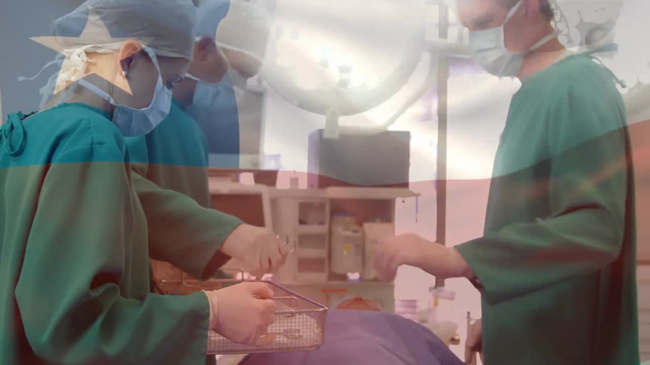 Animation of flag of chile waving over surgeons in operating theatre