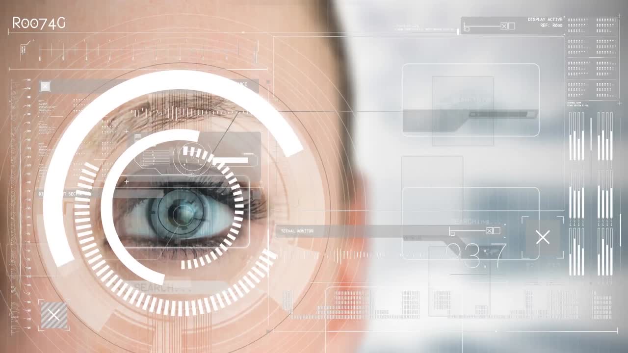 Animation of scope scanning and globe of network of connections over woman's eye
