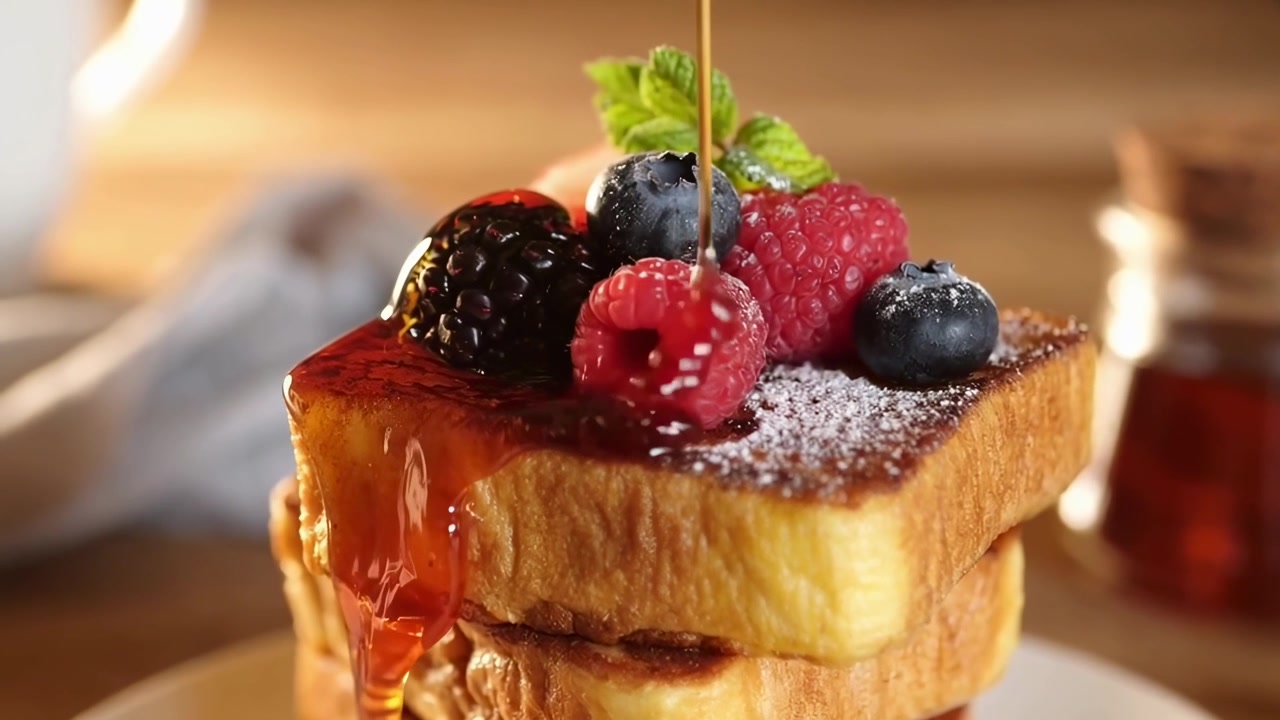 Sciroppo d'acero che cola su French toast con frutti di bosco freschi