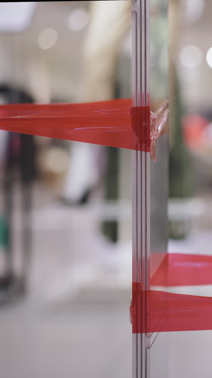 Red warning strip wrapped on anti theft security equipment at entrance of light spacious store premises on blurred background super closeup