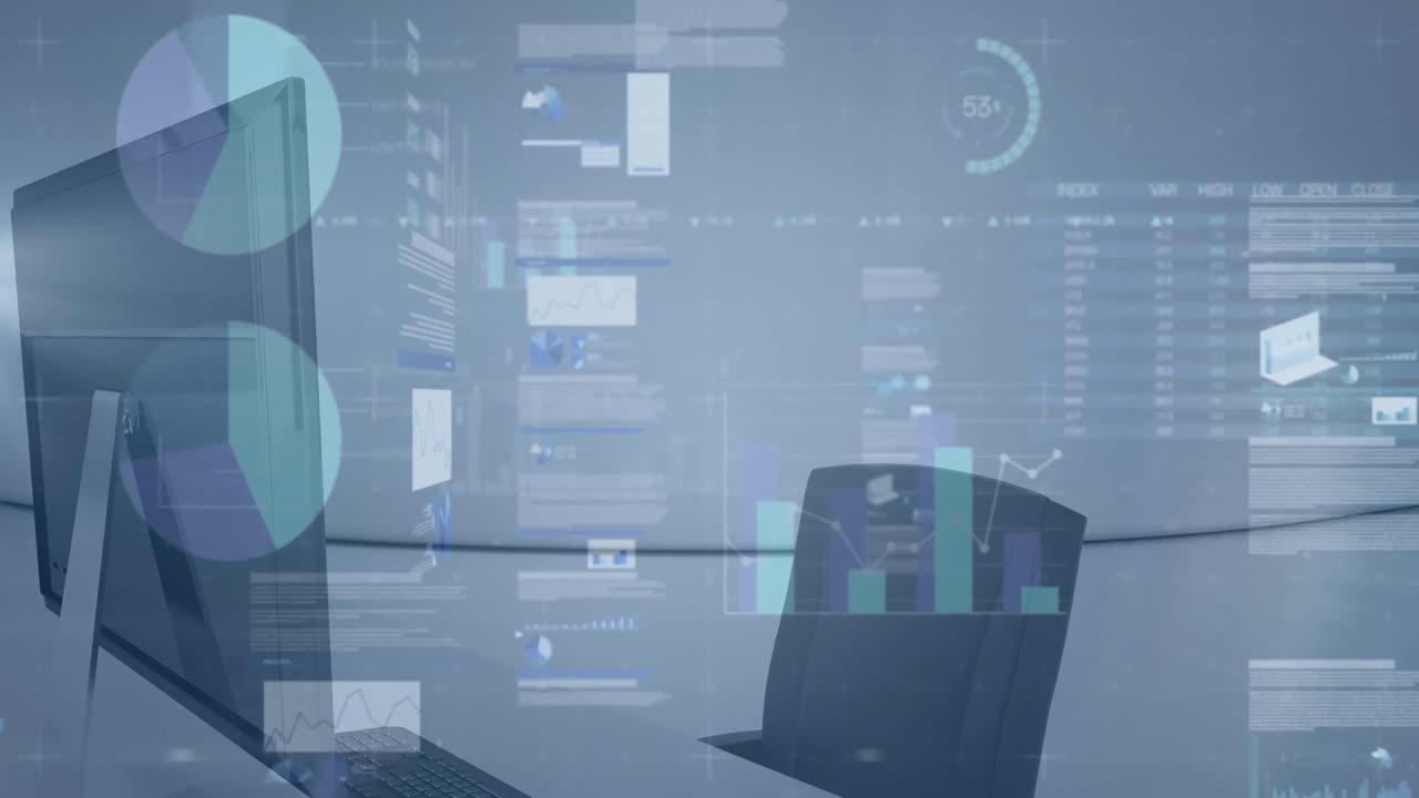 Animation of statistical data processing against office desk