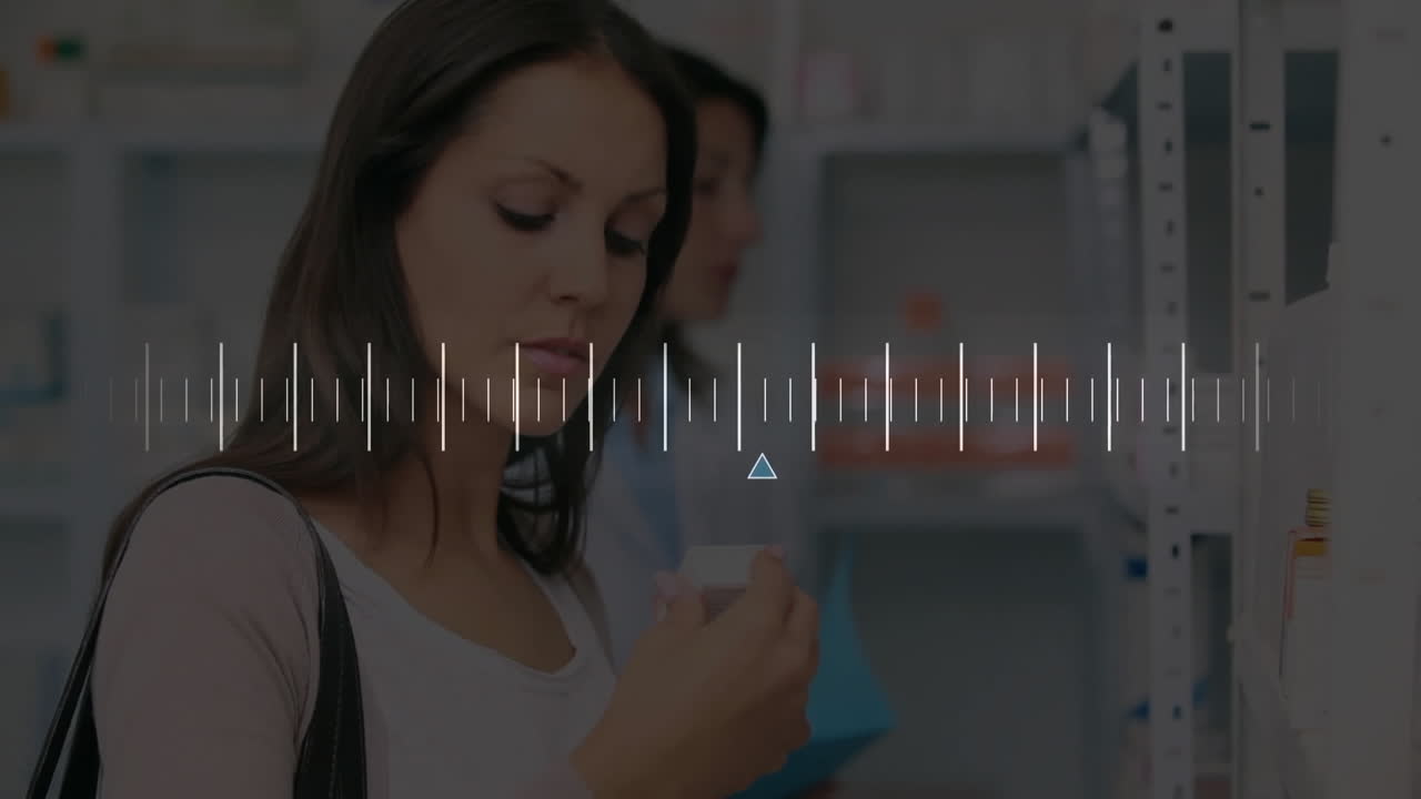 Animation of diagram over caucasian woman checking medicine