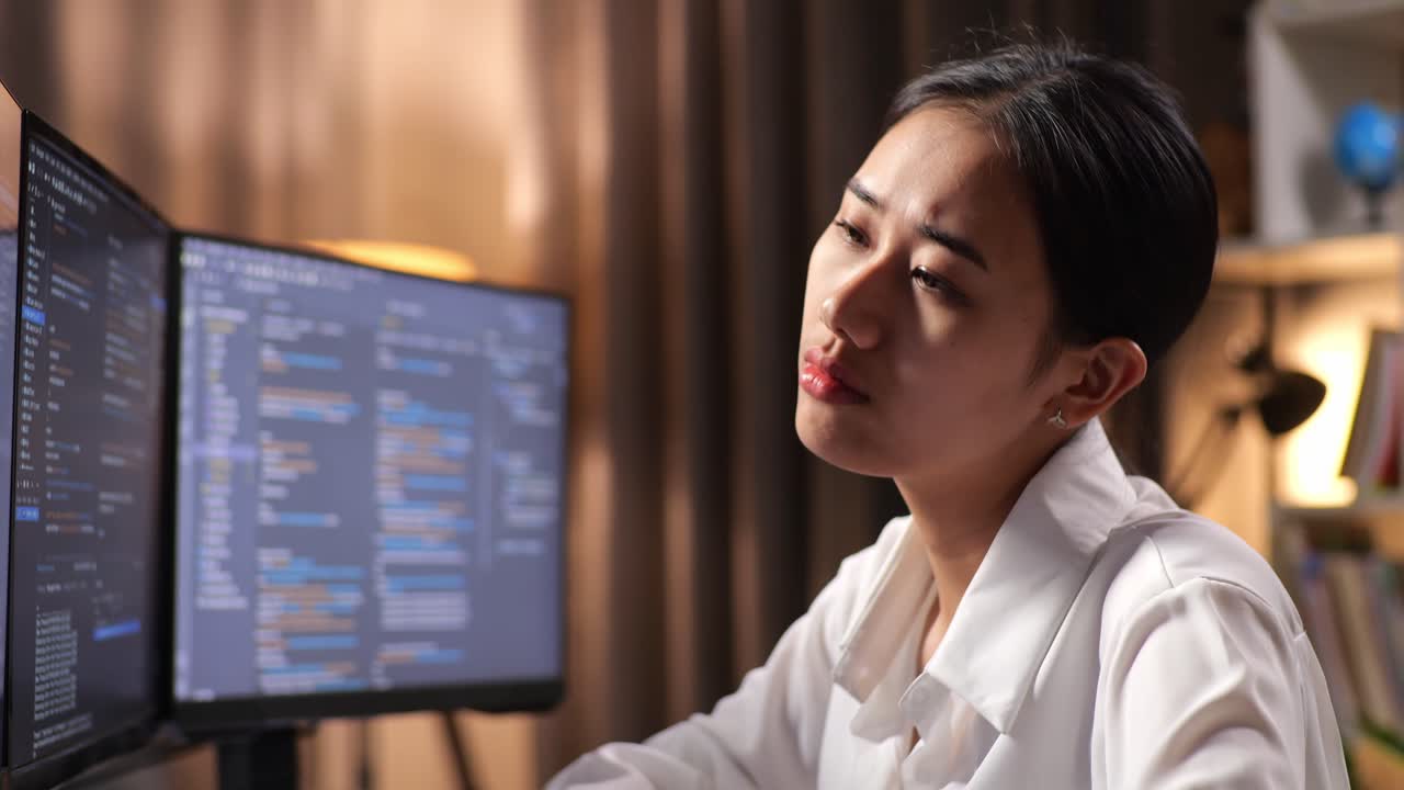 Close Up Of Asian Woman Programmer Stretching While Creating Software Engineer Developing App, Program, Video Game On Desktop Computer At Home. Terminal With Coding Language