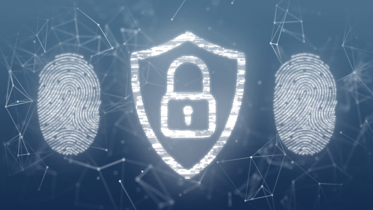 animación del icono del candado y la huella dactilar sobre fondo azul