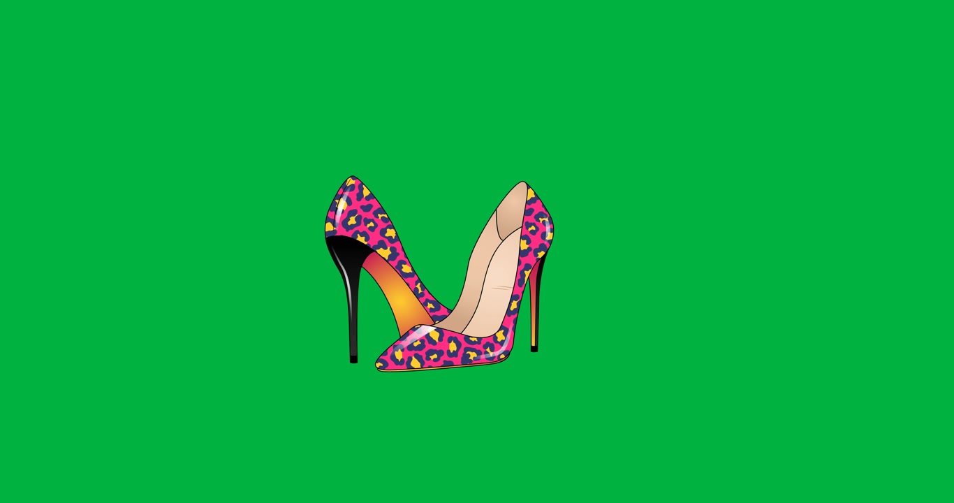Animación digital de un icono de zapatos de mujer flotando sobre fondo negro
