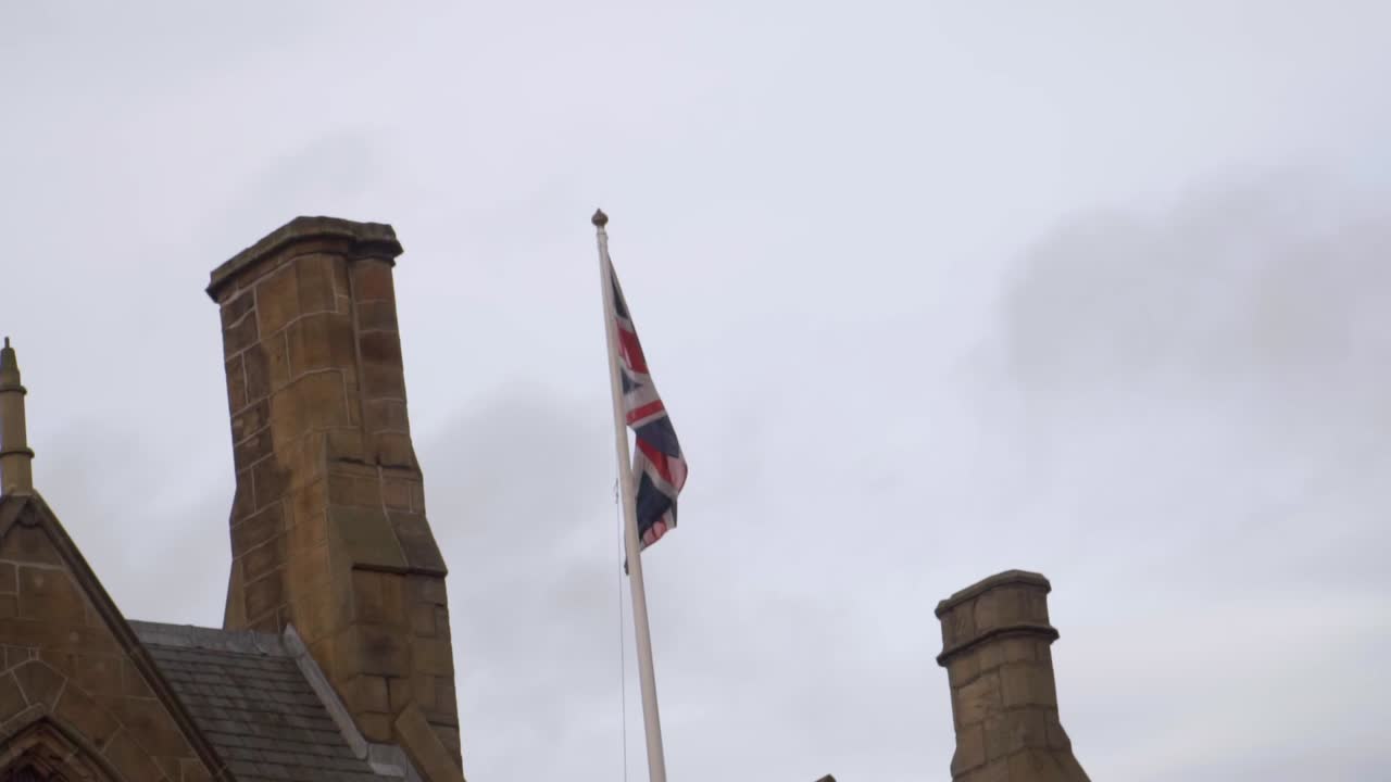 Close Up of Union Jack Flying in the Wind on Cloudy Day
