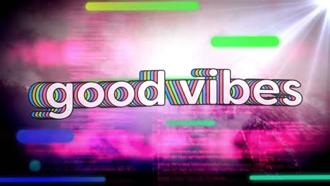 animation of good vibes text with colourful stripes over clouds n background