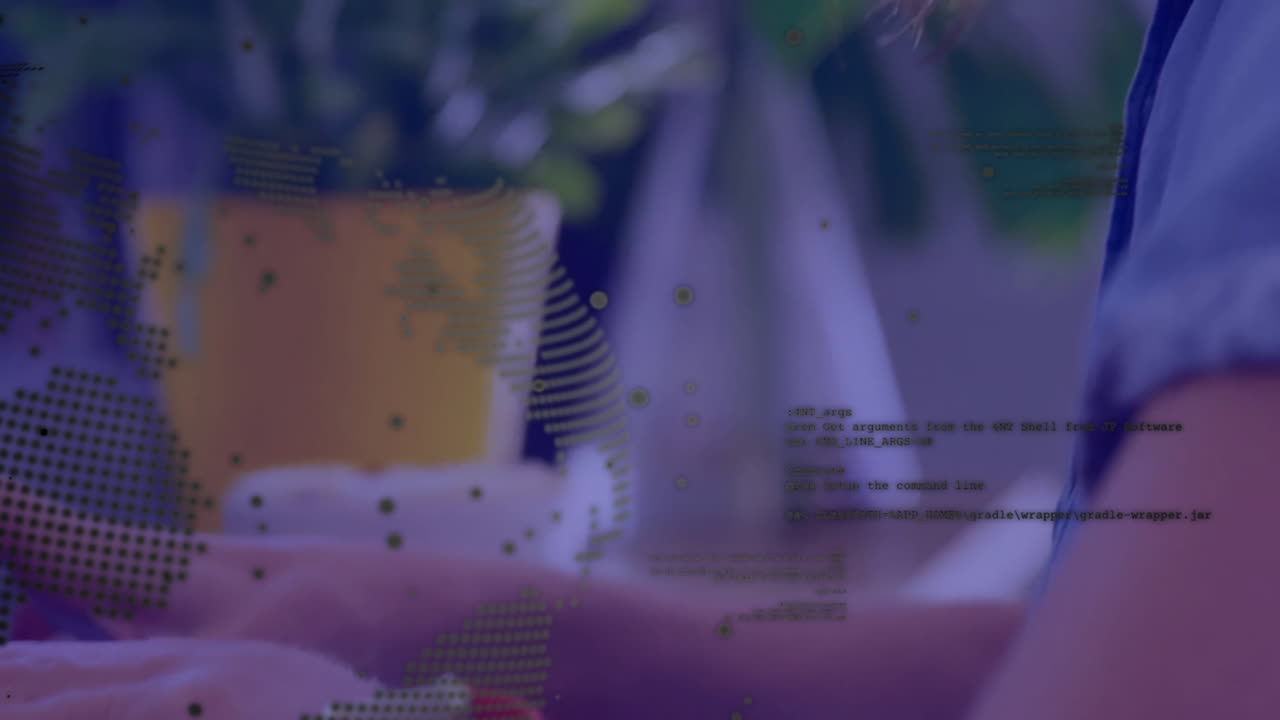 Animation of financial data processing over caucasian businesswoman using laptop in office