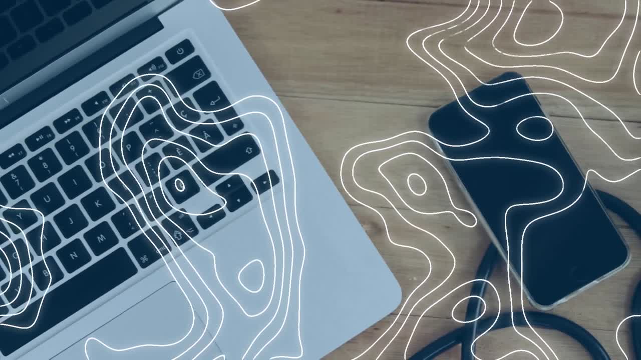 Animation of white lines network of connections over laptop