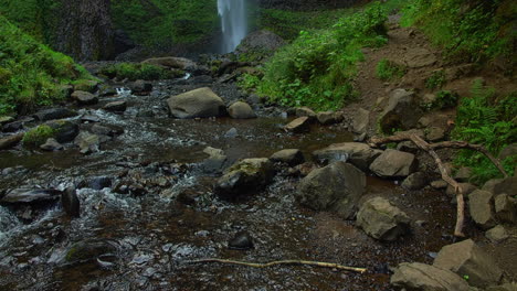 Cascada-Latourell,-Arroyo,-Columnas-De-Basalto,-Follaje,-Inclinación-Hacia-Arriba,-Slomo