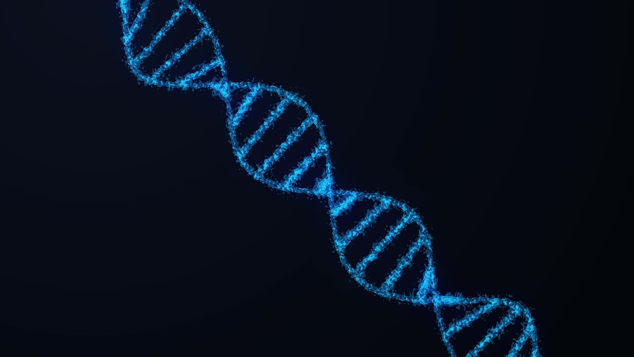 un holograma animado de adn rotativo de doble hélice azul brillante sobre un fondo negro.