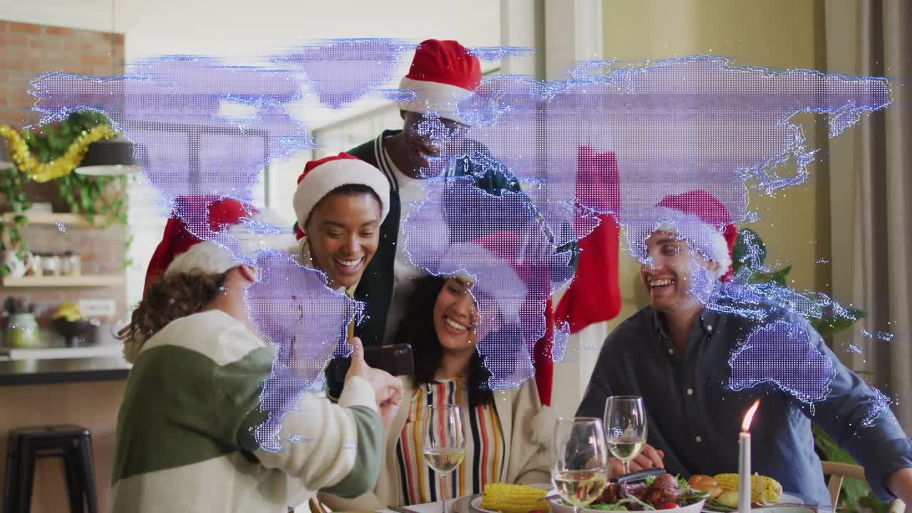 Left person turning phone, group leaning laughing, purple overlay covering table for social sharing