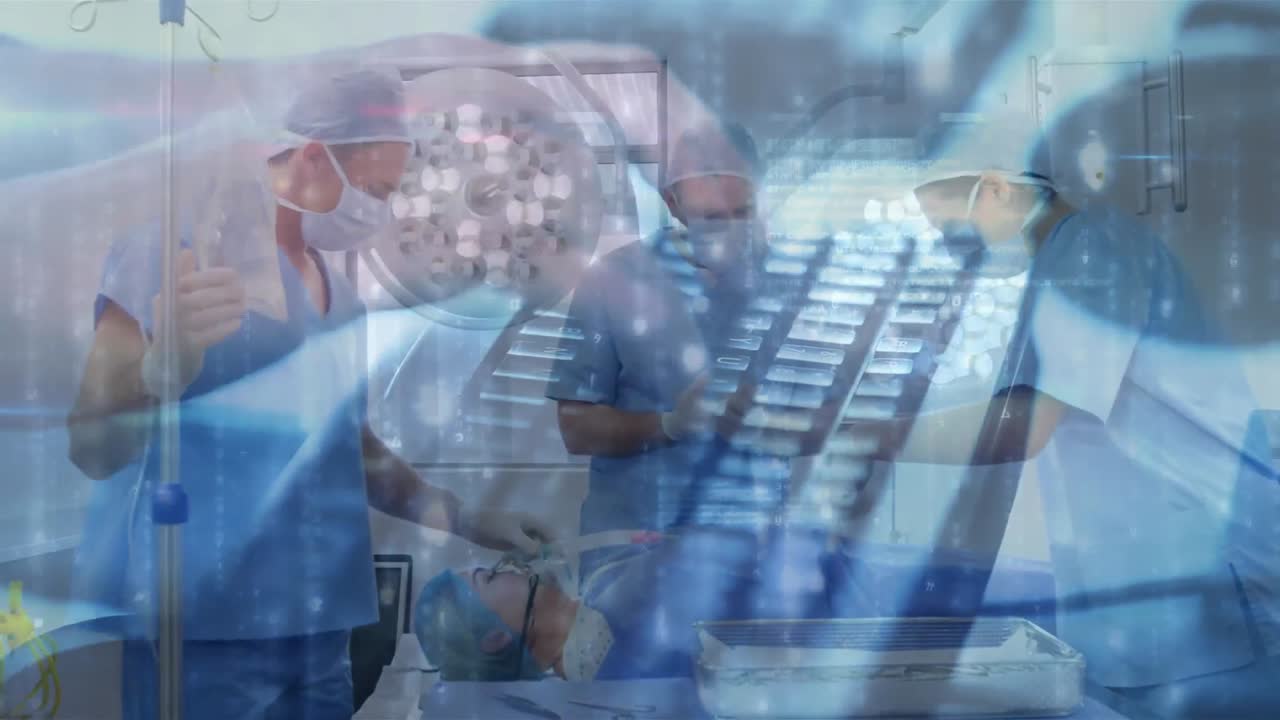animación de una persona escribiendo en el teclado de la computadora sobre los cirujanos en el quirófano