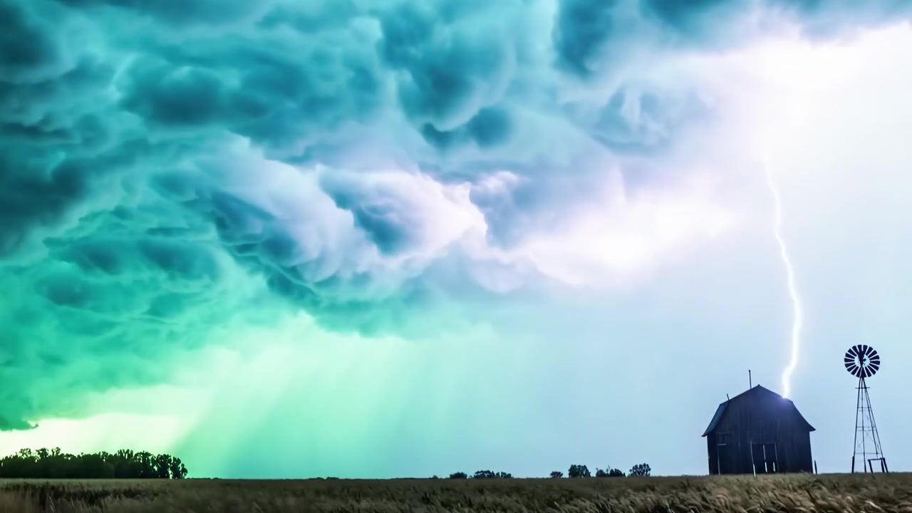 Rayos dramáticos durante una tormenta con cielo verde sobre campos rurales