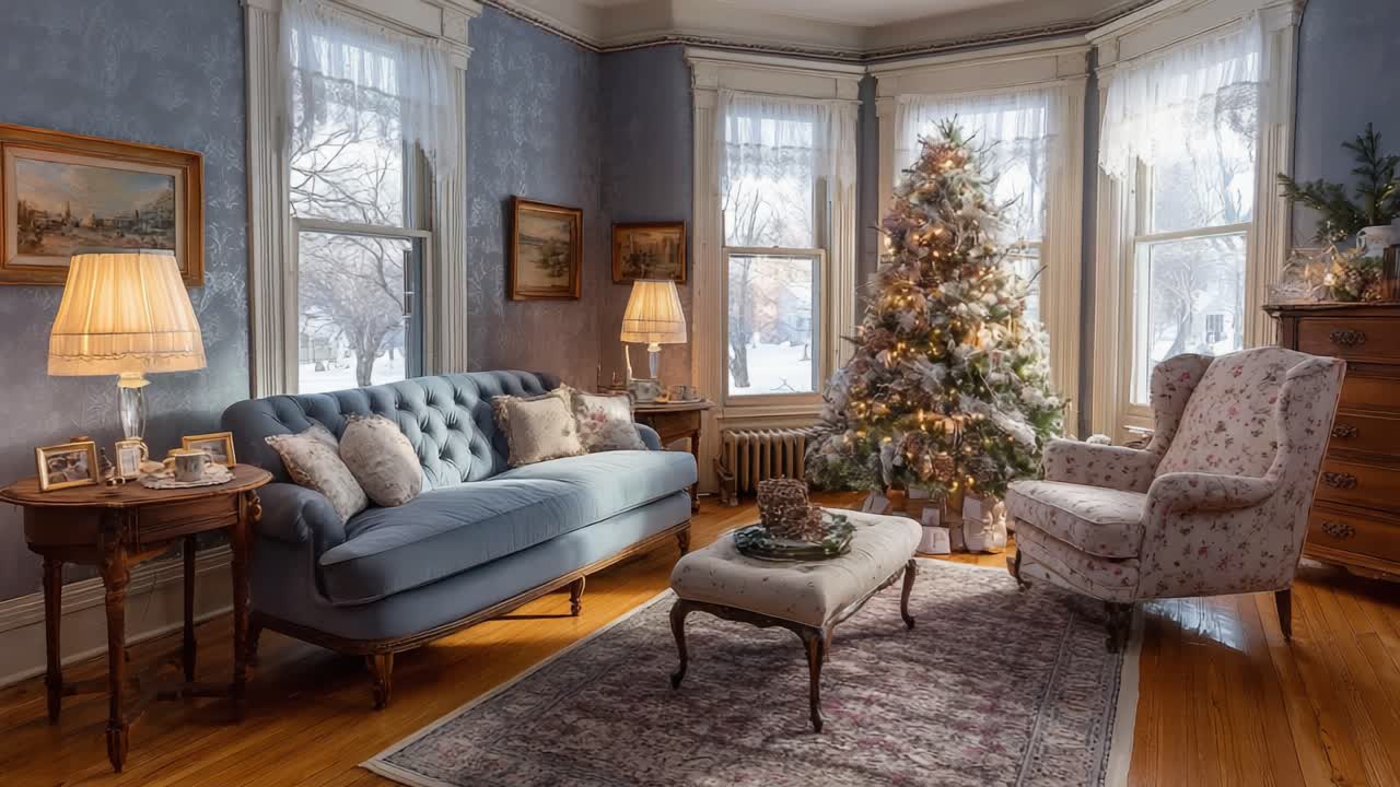 A Cozy Winter Living Room Scene Featuring a Beautifully Decorated Christmas Tree, Elegant Furnishings, and Soft Natural Light Streaming Through the Windows