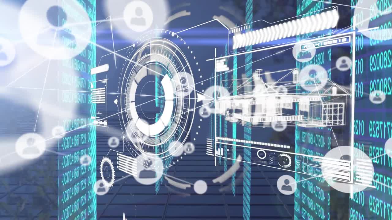 아이콘과 나무 위의 범위 스캐닝으로 연결 네트워크의 애니메이션