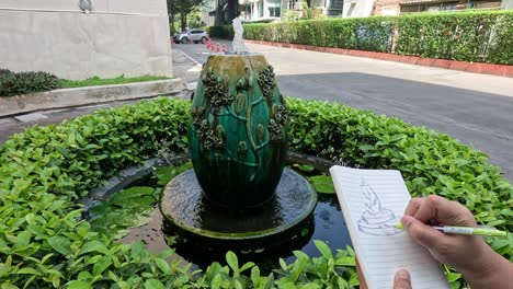 artist drawing a fountain surrounded by greenery.