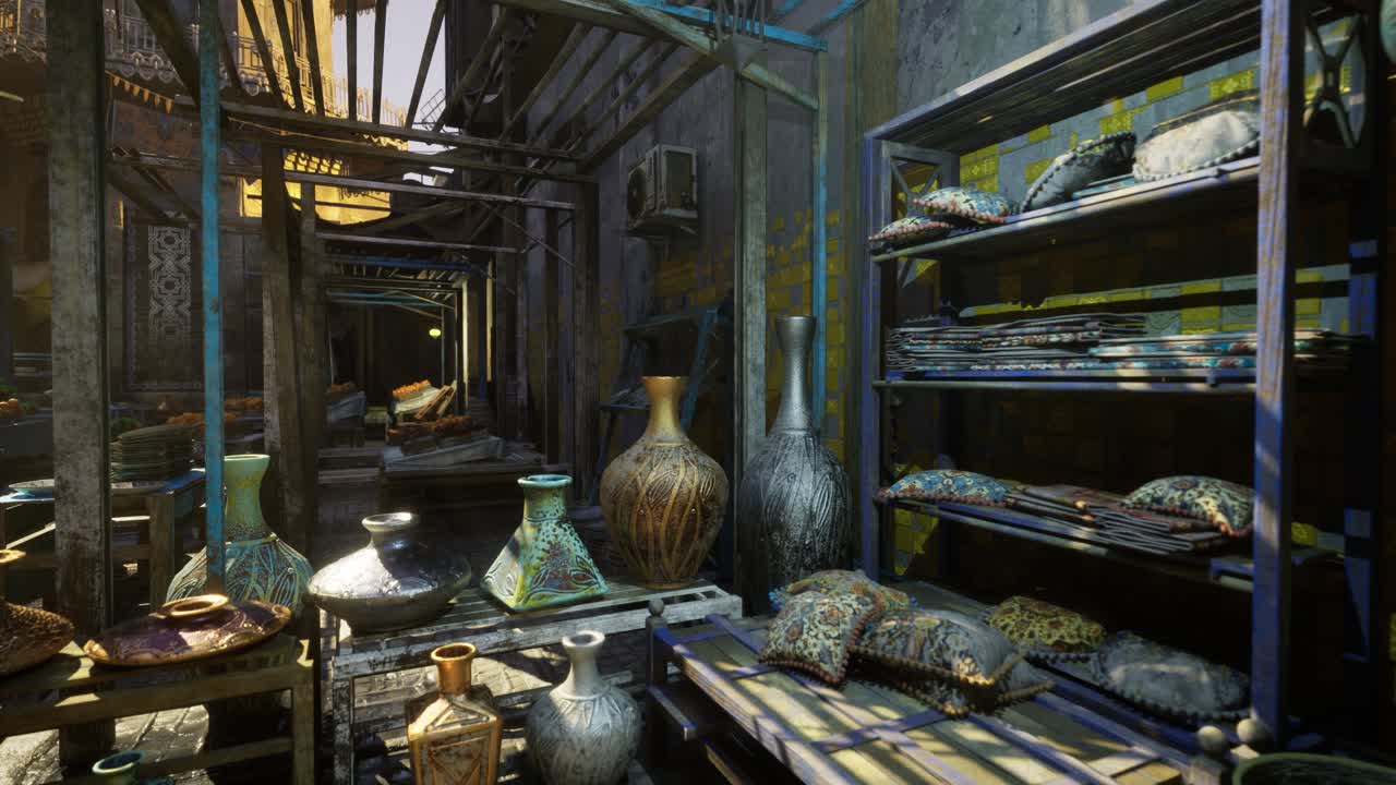 Vivace mercato antico ricco di esposizioni di ceramiche e metalli