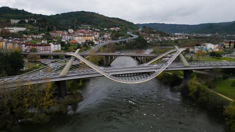 high angle overview of millennium bridge miño river in ourense, galicia, spain