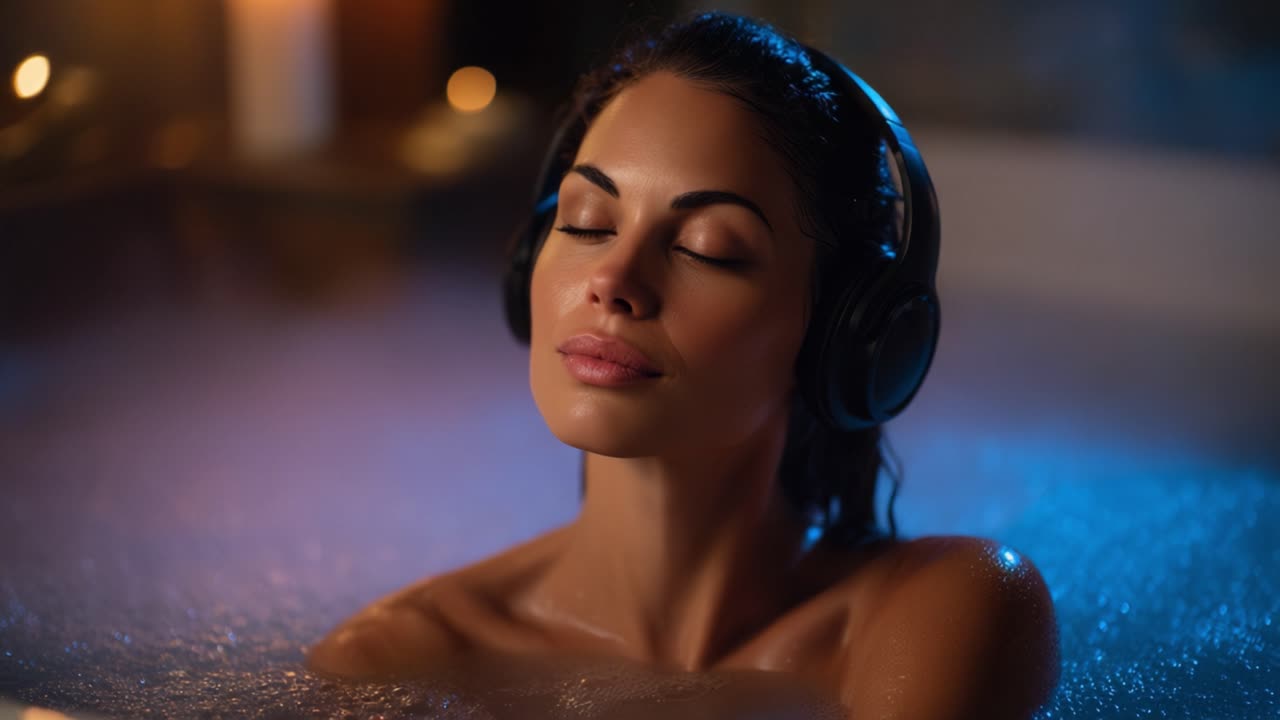 A Relaxing Bath Experience with Soothing Music: A Young Woman Enjoys Serenity While Soaking in a Bathtub, Embracing Calmness and Escape from Daily Stressors