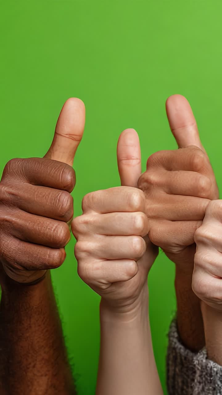 Diverse Hands Giving Thumbs Up Against a Vibrant Green Background, Symbolizing Unity, Positivity, and Support in a Colorful and Engaging Celebration