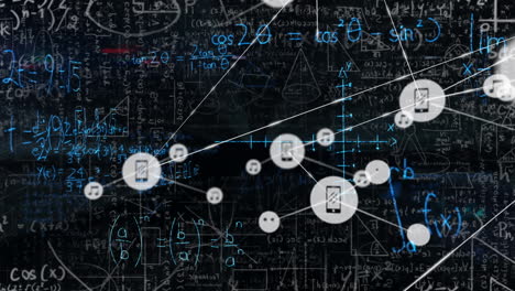 animation of network of connections with icons over mathematical equations